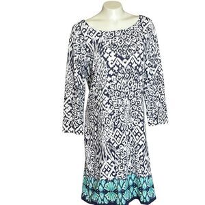 Lily Pulitzer Blu & White Hollee Pineapple Party Peacock Long Sleeve Dress Sz L